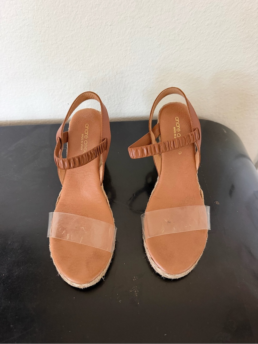 Andre Assous Tan Espadrille Sandals with Clear Toe Strap size 8.5